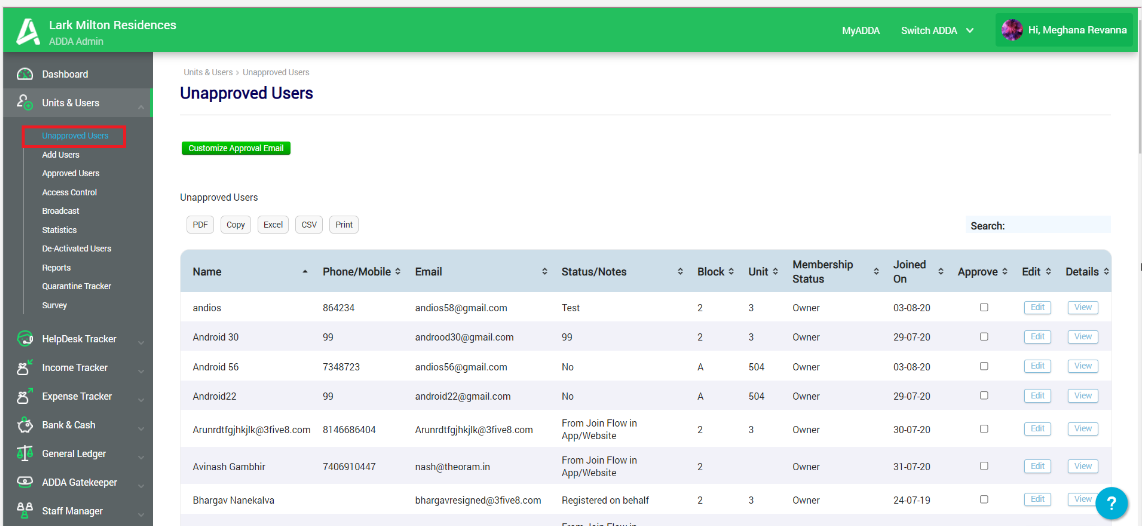How can admin approve a user on ADDA?