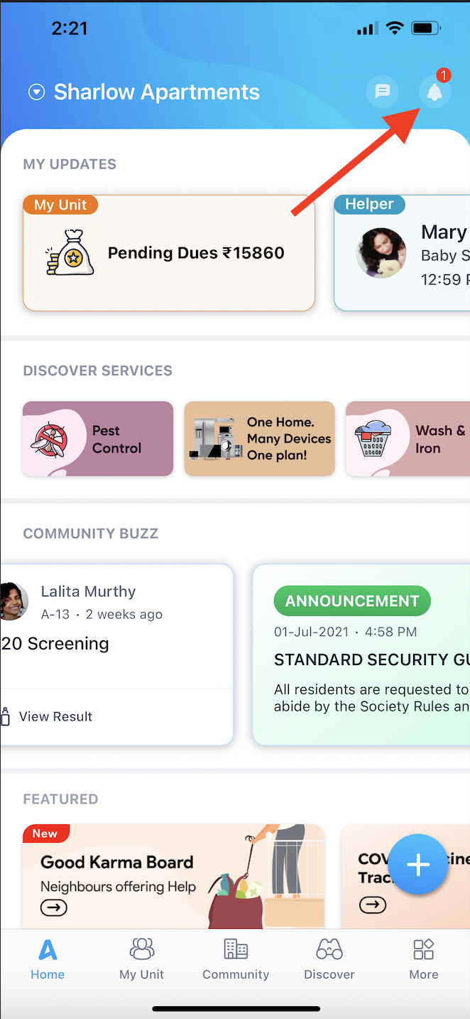 Where can I find the bell icon on ADDA App and how useful is it?
